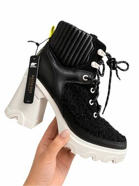 Sorel BREX Heel Cozy Lace Womens Size 7 Black Sea Salt Waterproof Boots NEW